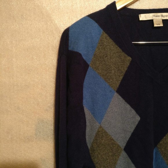 HARRY ROSEN Argyle Blue 100%CASHMERE Warm Pullover Sweater with Measurements L, - Picture 1 of 9